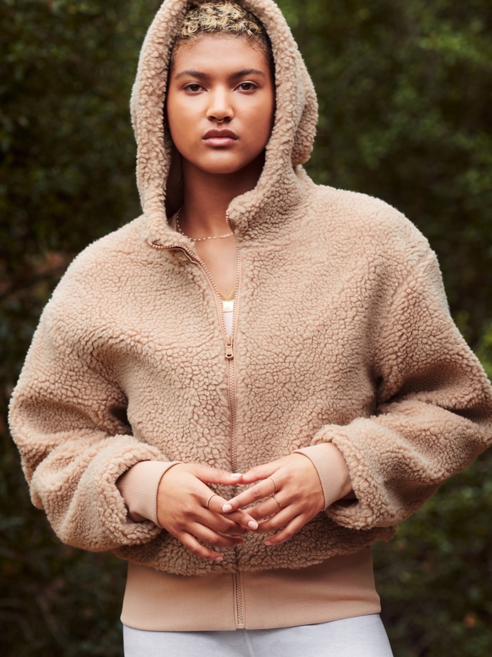 Fabletics Summit Teddy Sherpa Crop Jacket Womens XL Tan Cotton Hooded Zip Up
